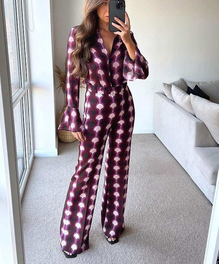 GirlKino Print Vintage 90'S Women Outfit Trouser Suit Flare Sleeve Co-ord Notched Long Oversized Shirt High Waist Straight Pant