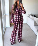 GirlKino Print Vintage 90'S Women Outfit Trouser Suit Flare Sleeve Co-ord Notched Long Oversized Shirt High Waist Straight Pant