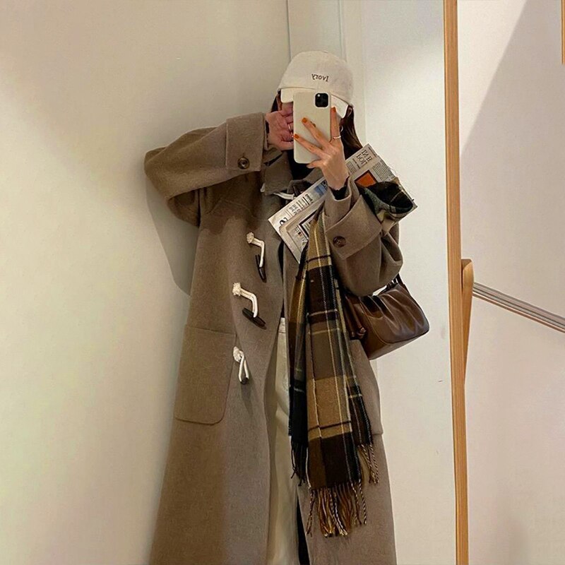 GirlKino College Style Japanese Lovely Woolen Coat Medium Length Ox Horn Buckle Student JK Coat Camel Winter Coat 2022 Autumn Winter New