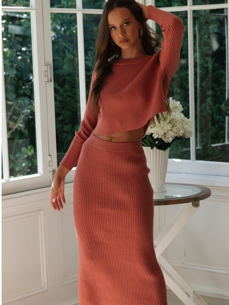 GirlKino Knitted 2 Pieces Set Women Pullovers Sweater Crop Tops & Knitted Skirts Bodycon Office Lady Skirts 2PCS Suits 2022 Winter Cloth