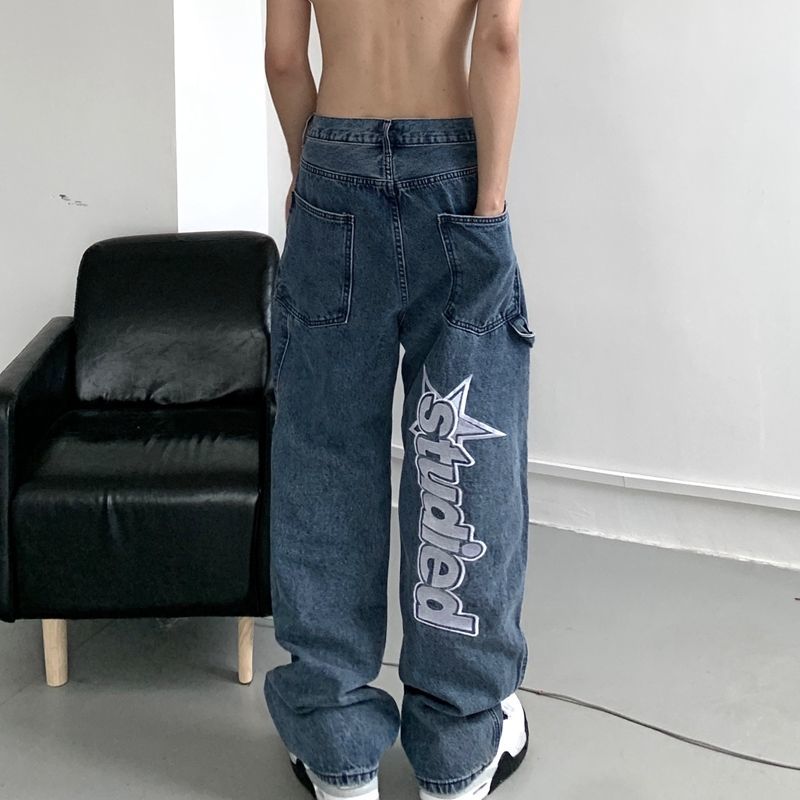 GirlKino Spring Fashion Jeans Straight Pants Men And Women Retro Streetwear Jeans Men's Devil Print Hip Hop Loose Straight Wide Leg Pants