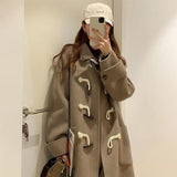 GirlKino College Style Japanese Lovely Woolen Coat Medium Length Ox Horn Buckle Student JK Coat Camel Winter Coat 2022 Autumn Winter New
