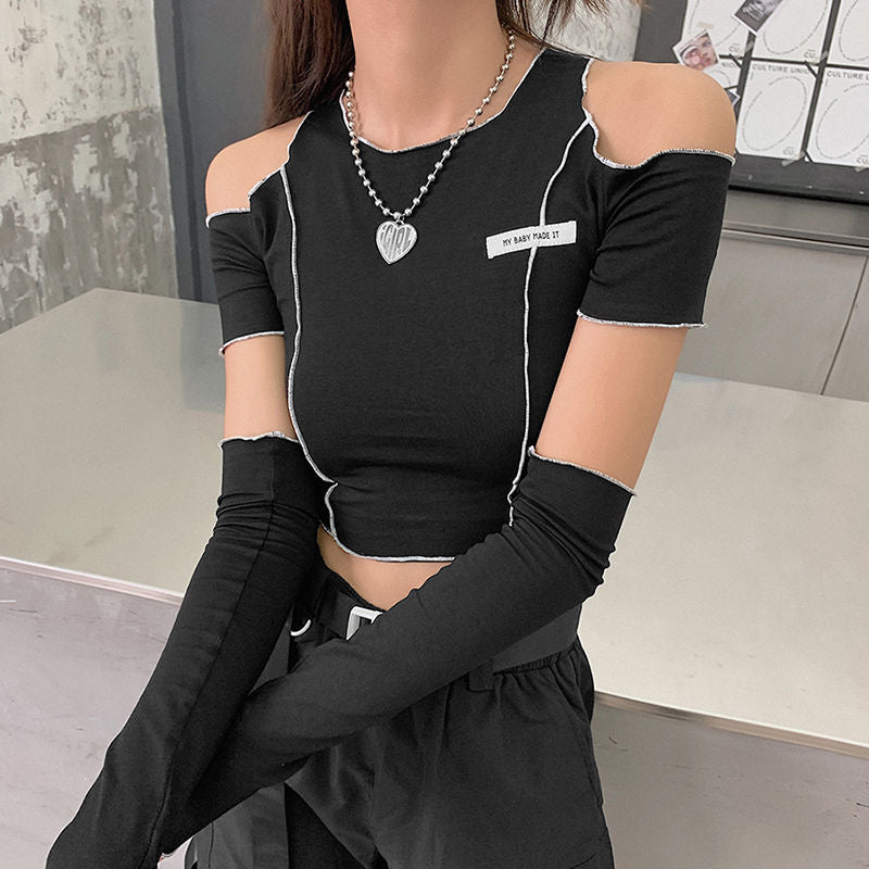 GirlKino Cool Short Patchwork Hollowed Out Shoulder T-Shirt Women's Letter O-Neck Slim All-Match Exposed Navel Top With Sleeve