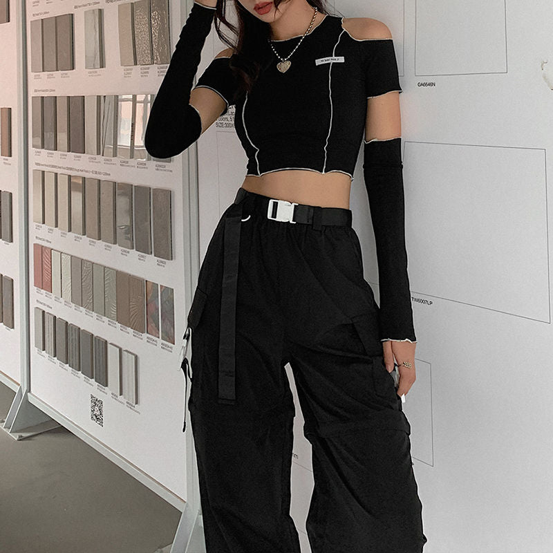 GirlKino Cool Short Patchwork Hollowed Out Shoulder T-Shirt Women's Letter O-Neck Slim All-Match Exposed Navel Top With Sleeve