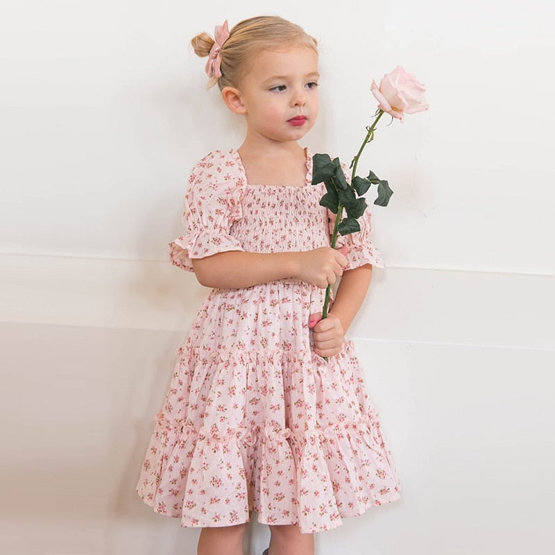 GirlKino 2022 New Summer Floral Vintage Smock Dresses For Girls Kids Princess Birthday Clothes For 3 6 8 Yrs Children Baby Casual Dress