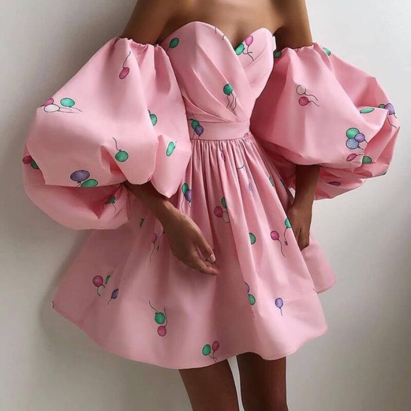 GirlKino Cute Printing Off The Shoulder A Line Dress Summer Puff Sleeve High Waist Backless Elegant Party Dresses For Women 2022