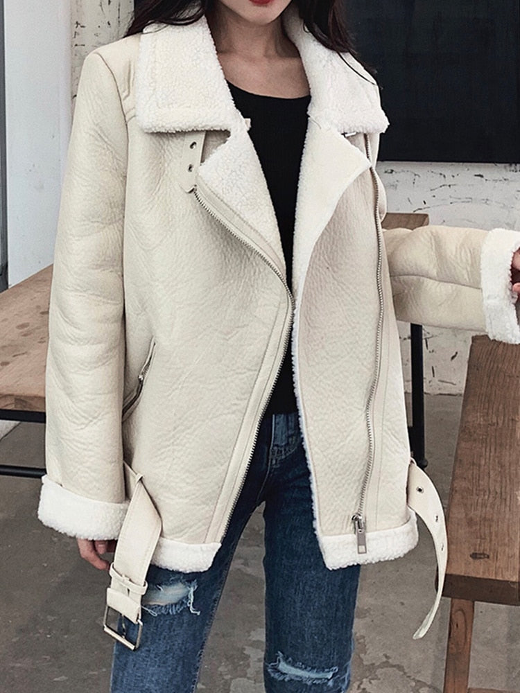 GirlKino New Women Lamb Fur Faux Leather Jacket Coat Turn Down Collar Winter Thick Warm Zipper With Belt Outerwear
