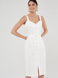 GirlKino Casual V Neck Backless White Dress Solid Color High Waist Single-Breasted Straight Summer Dresses For Women 2022