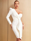 Girlkino Elegant Outwear White Ruffles Dress For Women Summer Sexy One Shoulder Long Sleeve Fashion Club Celebrity Evening Party Dresses