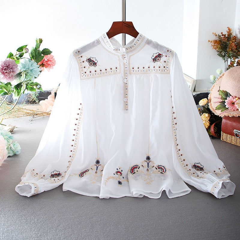 GirlKino Vintage Print White Blouse Women 2022 Spring Autumn Elegant Long Puff Sleeve Casual Shirts Female Korean Style Sweet Lady Tops