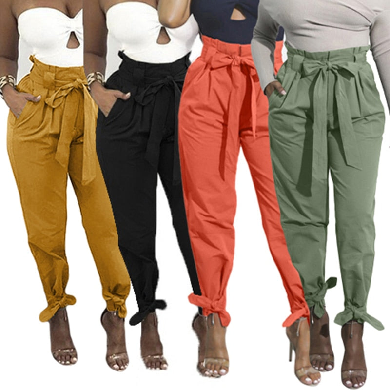 2022 Loose Bow Tie Ruffles Women Pants Casual Solid High Waist Belt Pocket Spring Women's Trousers Female Sashes Pants Bottom