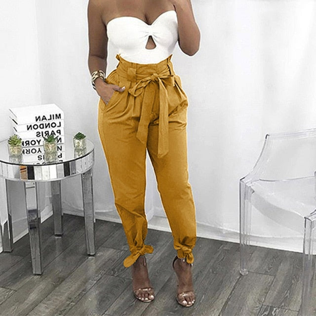 2022 Loose Bow Tie Ruffles Women Pants Casual Solid High Waist Belt Pocket Spring Women's Trousers Female Sashes Pants Bottom