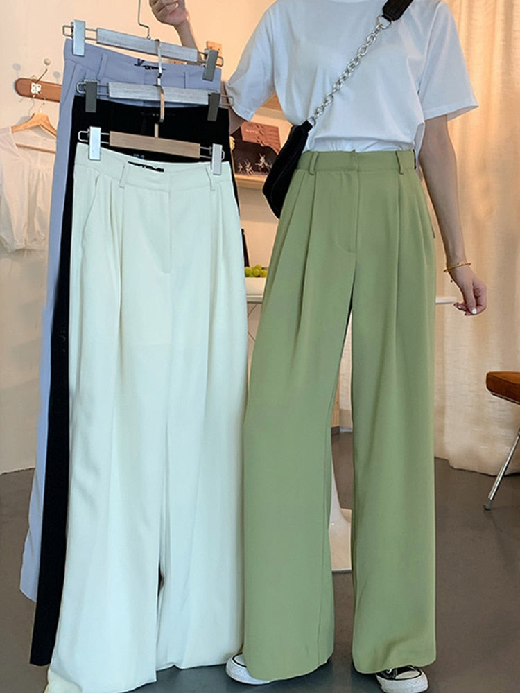 GirlKino 2022 Summer Loose Casual Long Women Fashion Thin High Waist Pants Black Simple Wide-leg Pants Trousers Korean