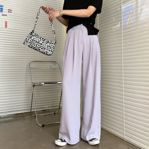 GirlKino 2022 Summer Loose Casual Long Women Fashion Thin High Waist Pants Black Simple Wide-leg Pants Trousers Korean