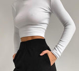 O Neck Long Sleeve Shirt Women Ribbed Sexy Cropped Tops 2022  Spring Black Casual Skinny Slim Basic Woman T Shirts White